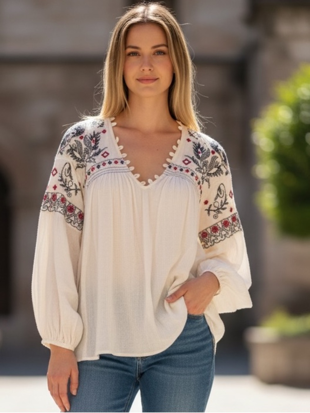 Free People White Blouse with Black and Red Embroidery - Picture 1 of 9